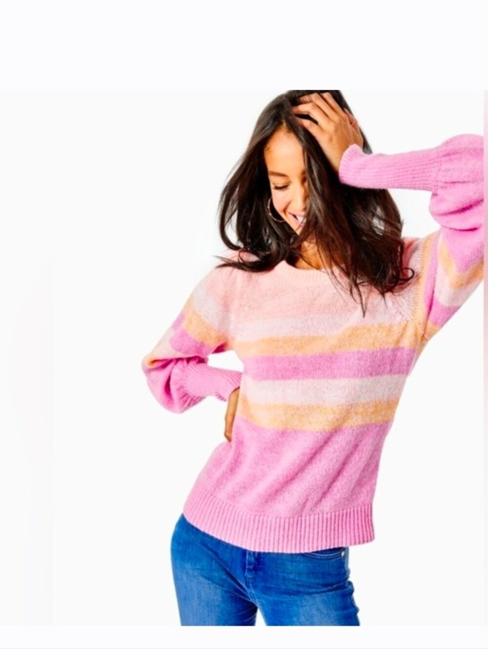 Lilly Pulitzer Size S Pink Striped Puff Sleeve Crewneck Sweater